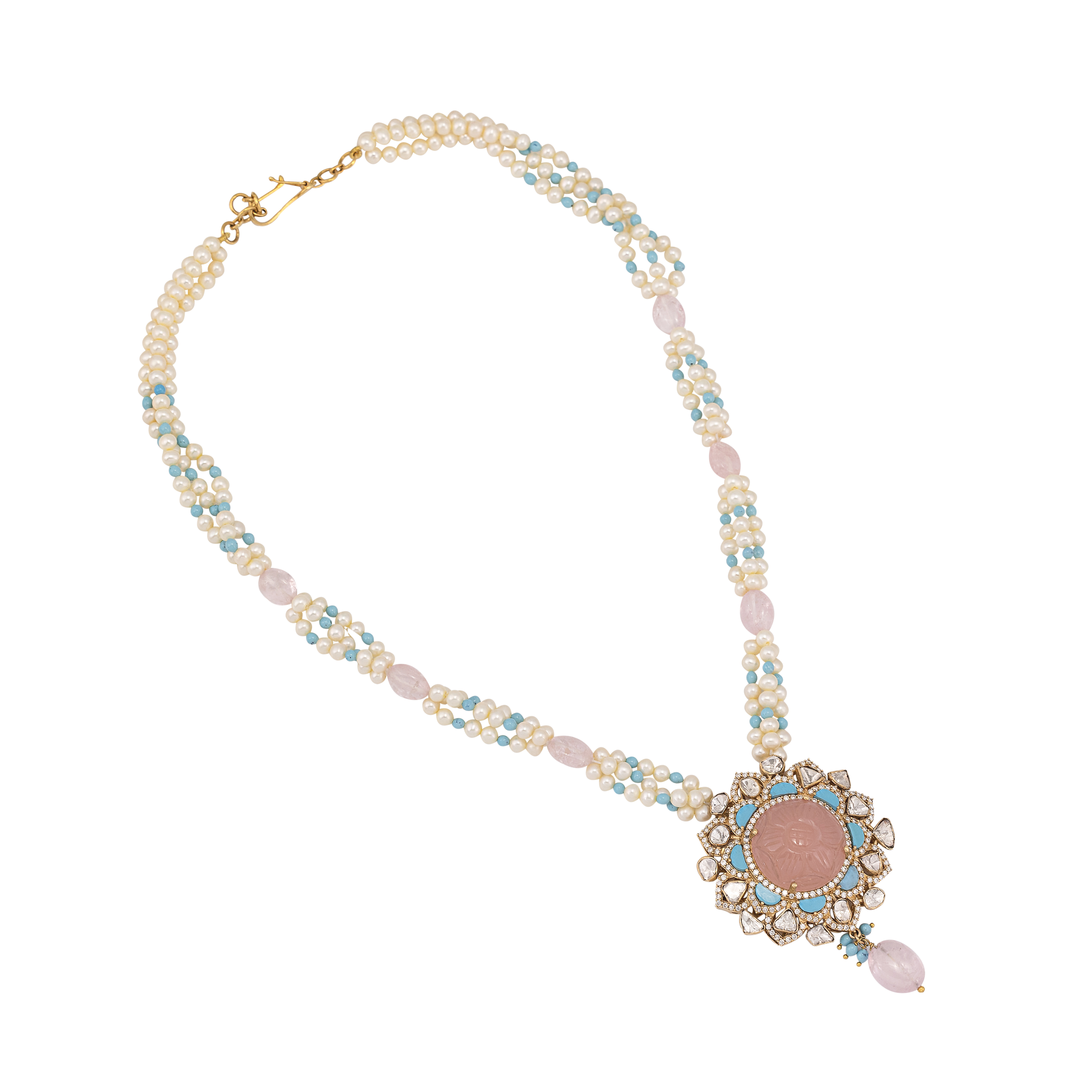Carved Pink and Turquoise Gemstone Necklace with Polkis and Pearl